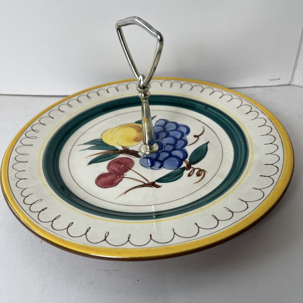 Vintage STANGL Pottery 10” Serving Plate Tidbit Dish FRUIT Pattern Metal Handle